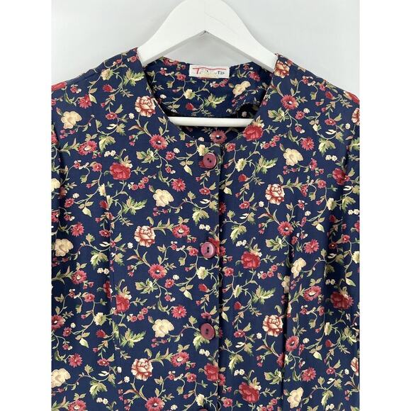 Talbots Vintage Dress Womens Medium/Large Navy Blue Floral Print Button Pleated - Picture 3 of 16